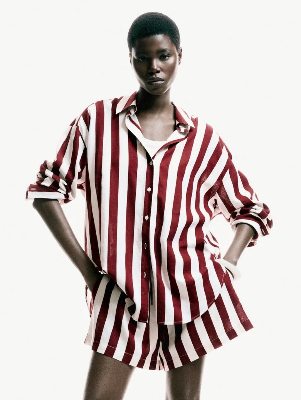 NWT H&M HM Oversized Linen Cotton Dark Red Ivory White Shirt & Shorts Set M